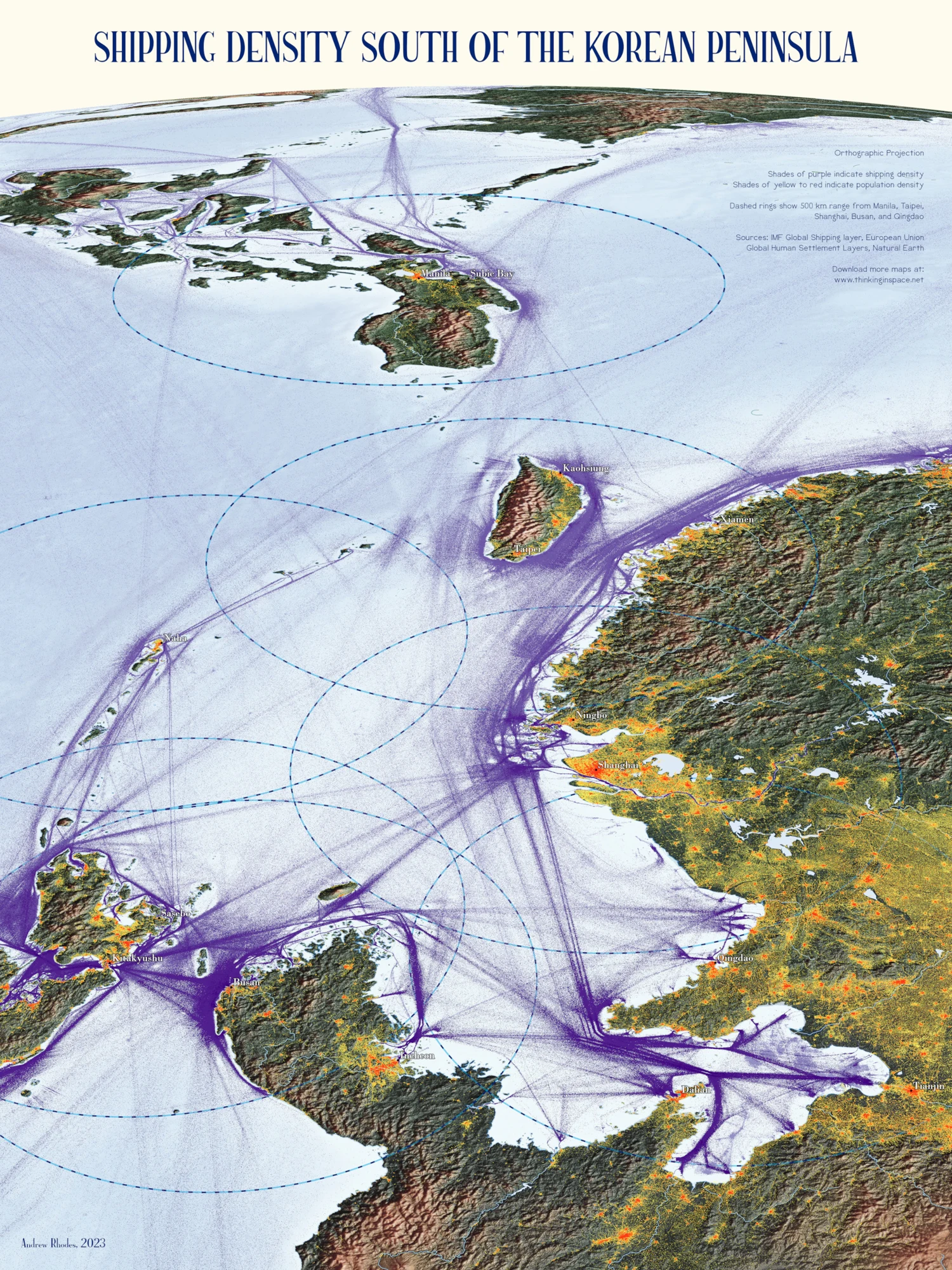Oblique orthographic map south of the Korean Peninsula showing dense shipping routes between Korea, Japan, and eastern China.