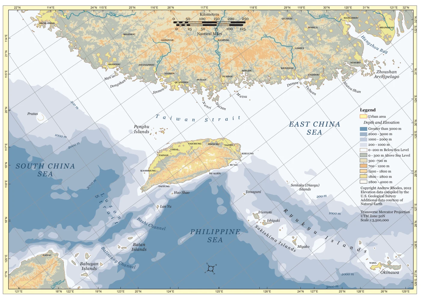 Rotated map of the Taiwan Strait and its surrounding coasts.