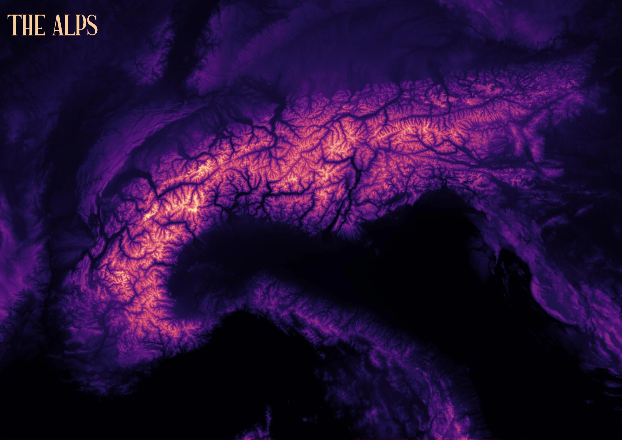 false color topgraphic map of the Alps