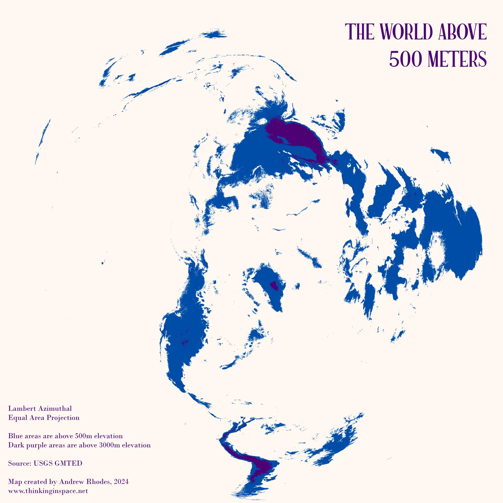 World map highlighting land above 500 meters in blue and purple.