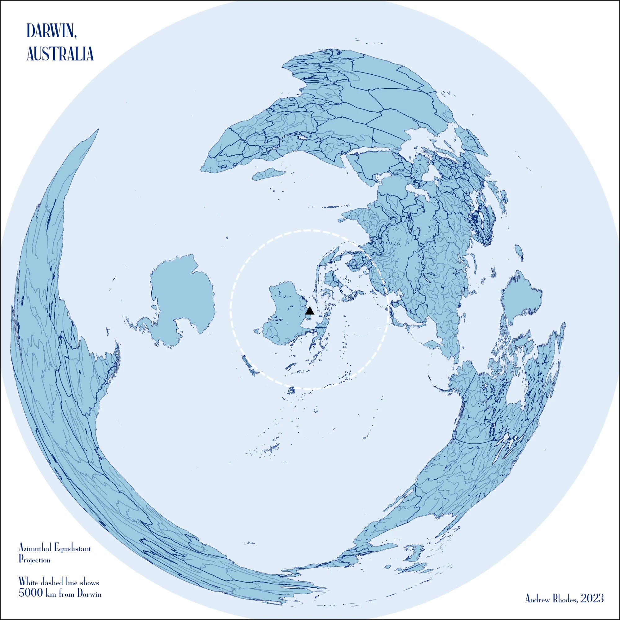 Circular map centered on Darwin, Australia, showing the surrounding world with coastlines and national borders.