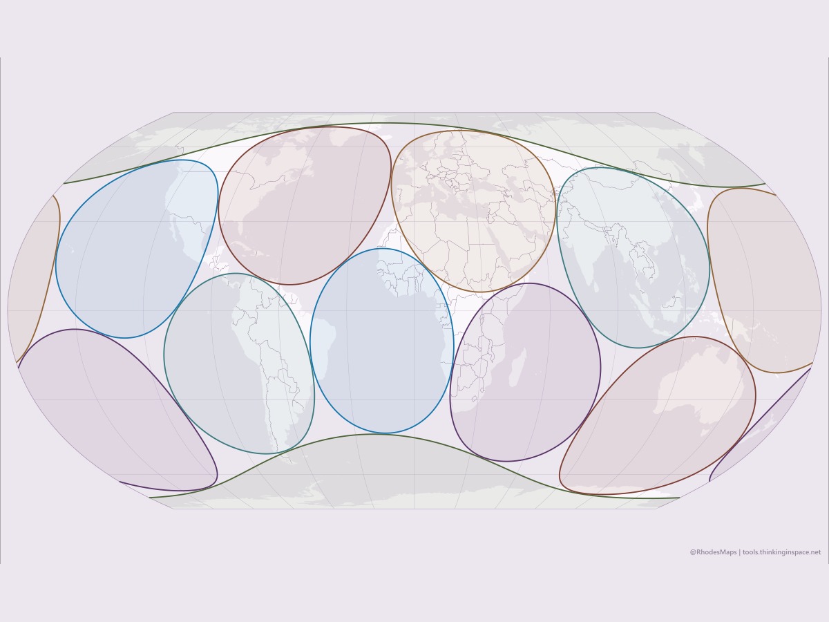 Non-overlapping range rings packed across a world map