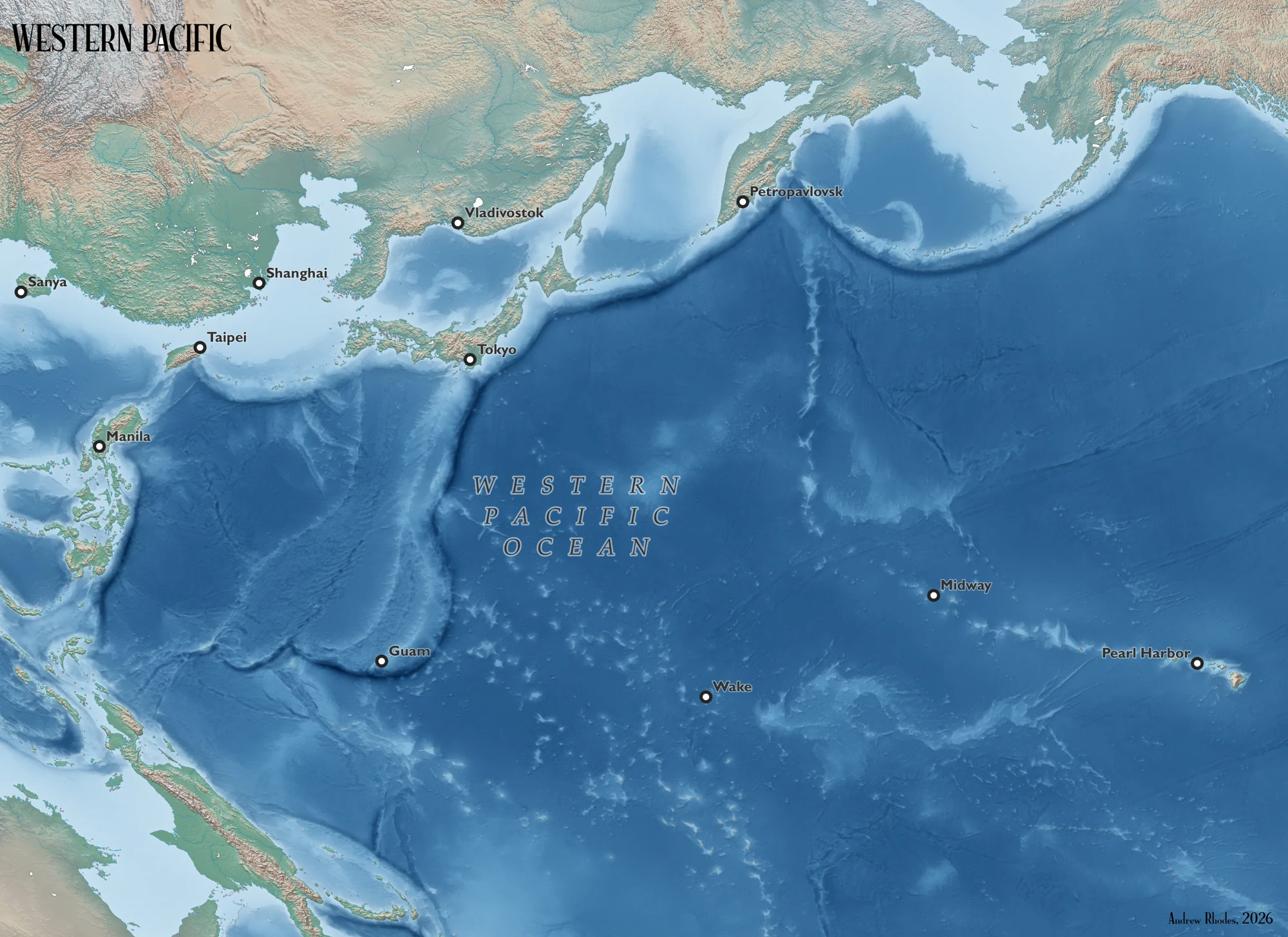 Relief map of the western Pacific showing East Asia, Japan, the Philippine Sea, and seafloor features.