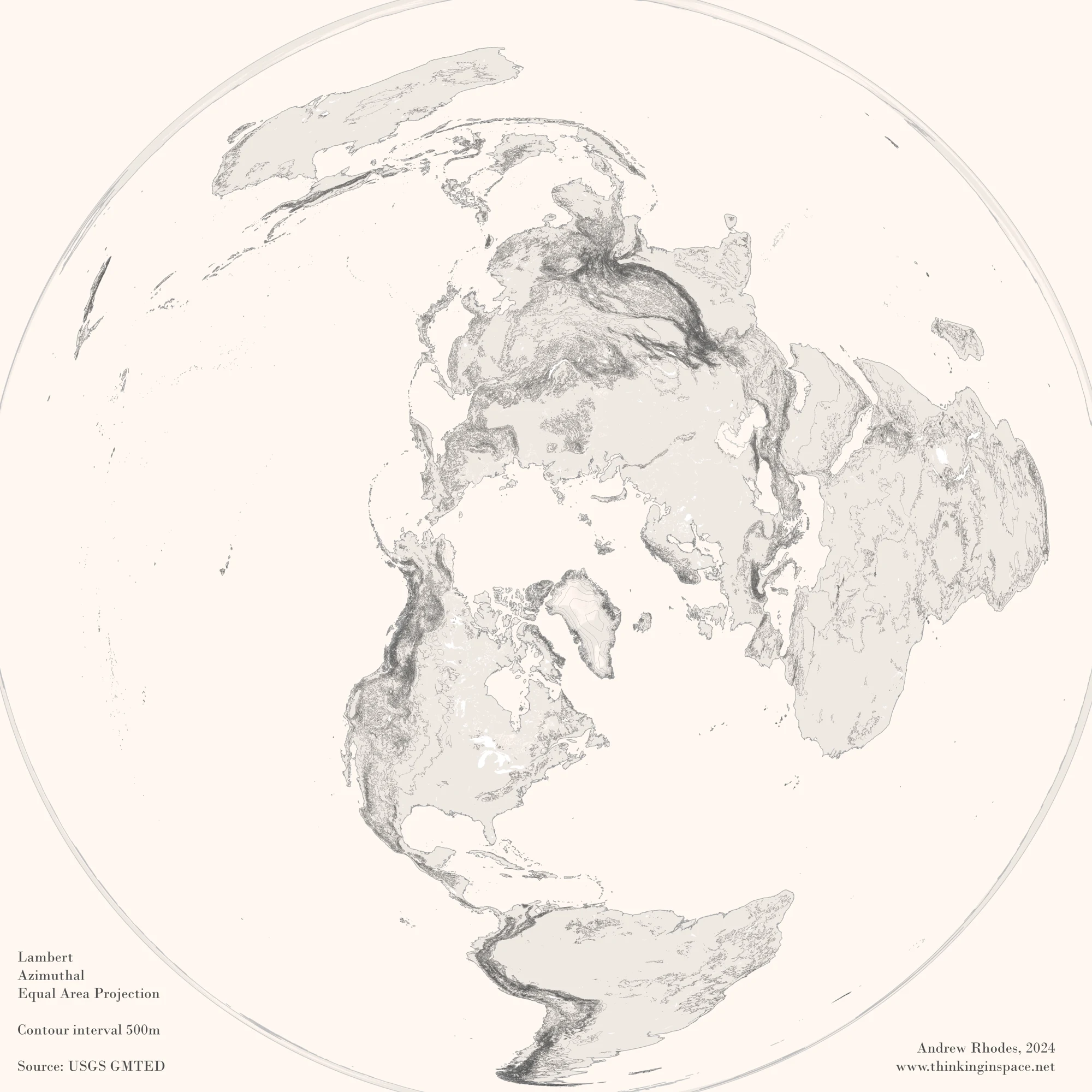 Circular world map using fine contour lines to show land and seabed relief in muted brown tones.